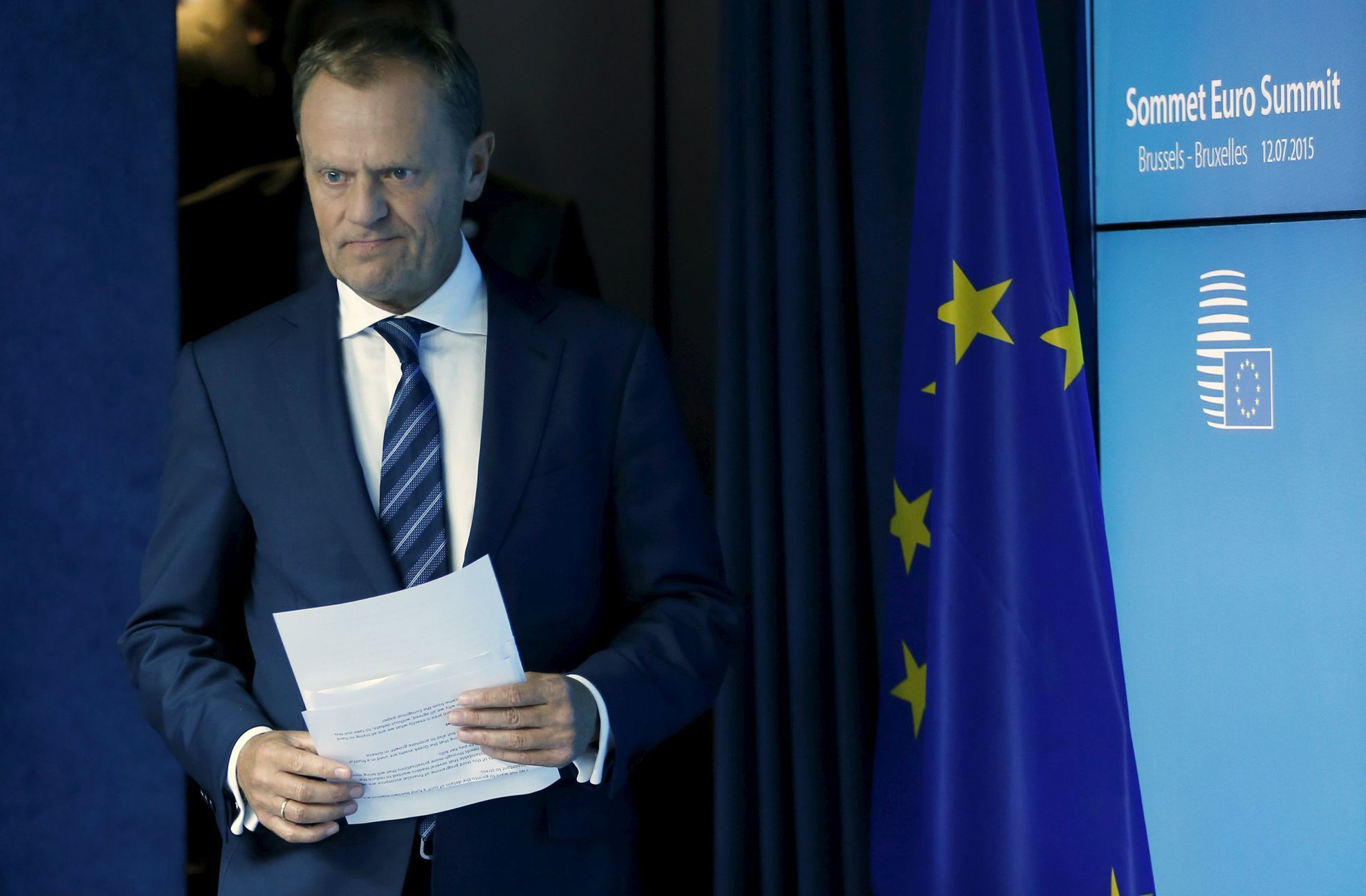 EU Council President Tusk arrives to address a news conference after an euro zone leaders summit in Brussels