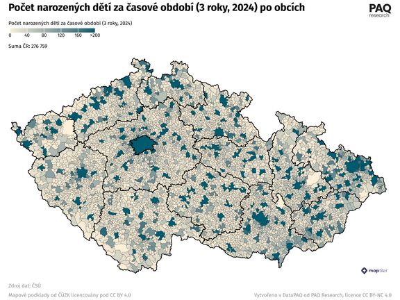 V roce 2027 bude v mateřských školách o deset procent méně dětí. Interaktivní mapa PAQ Research ukazuje počet narozených dětí za roky 2021–2024 po obcích. Zdroj dat ČSÚ.