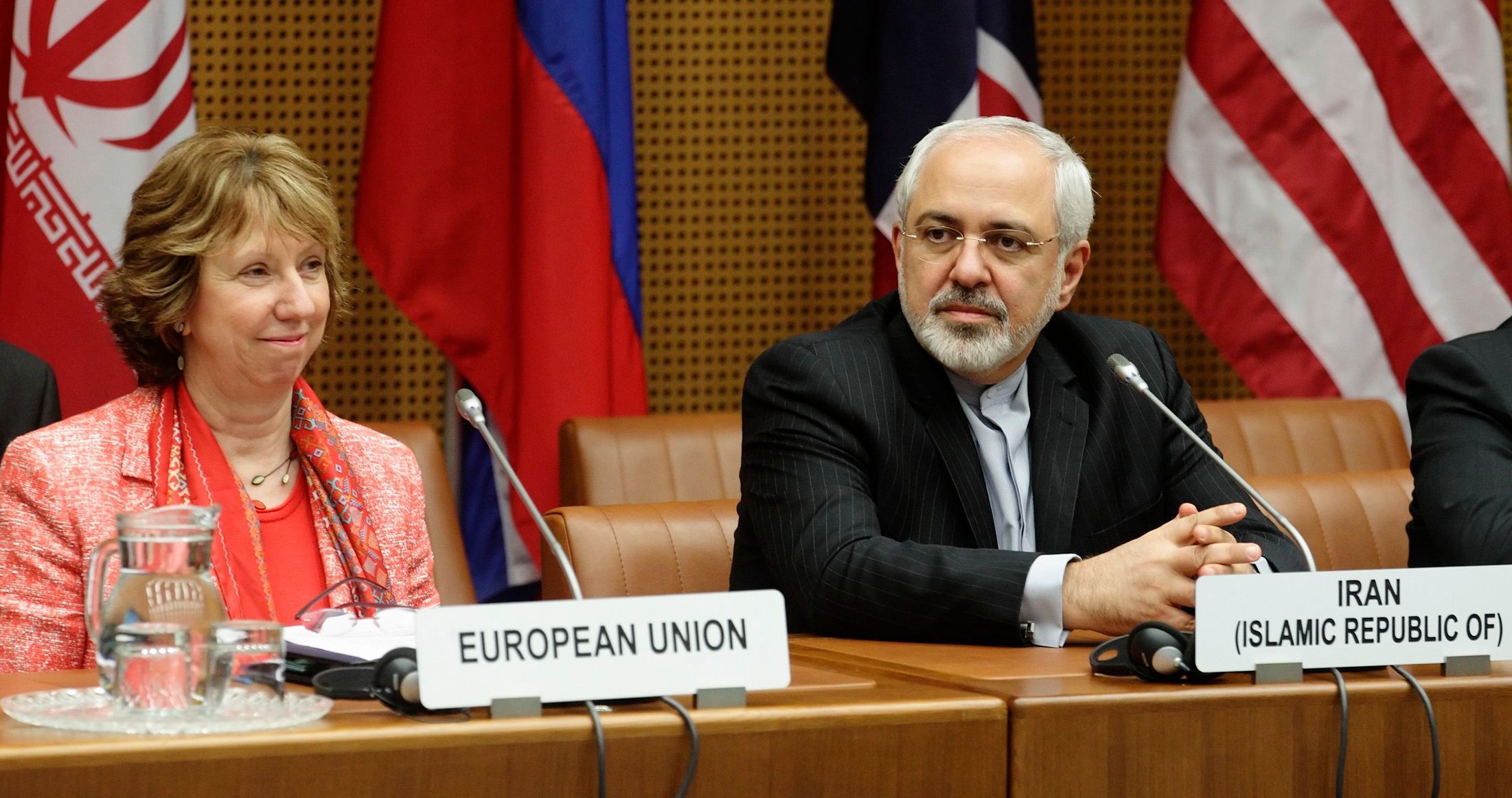 Catherine Ashtonová a íránský ministr zahraničí Mohammad Džavád Zaríf ve Vídni, 9. dubna 2014