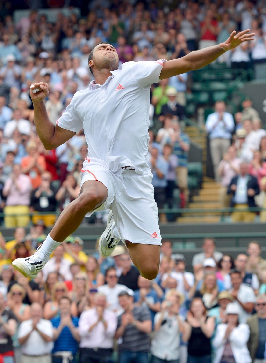 Francouzský tenista Jo-Wilfried Tsonga slaví vítězství nad Lleytonem Hewittem z Austrálie v 1. kole Wimbledonu 2012.