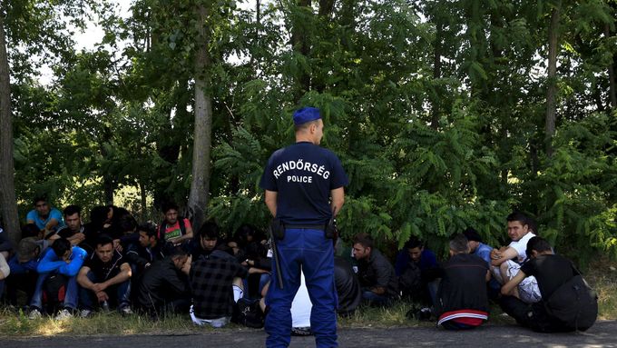 Iráčtí uprchlíci jsou zadrženi maďarskou policií krátce po přechodu hranice se Srbskem.