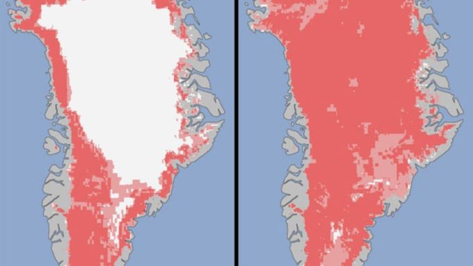 Snímky NASA ukazují rozlohu odtátého ledu v Grónsku.