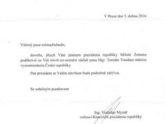 Odpověď Vratislava Mynáře na návrh vyznamenat Tomáše Vandase