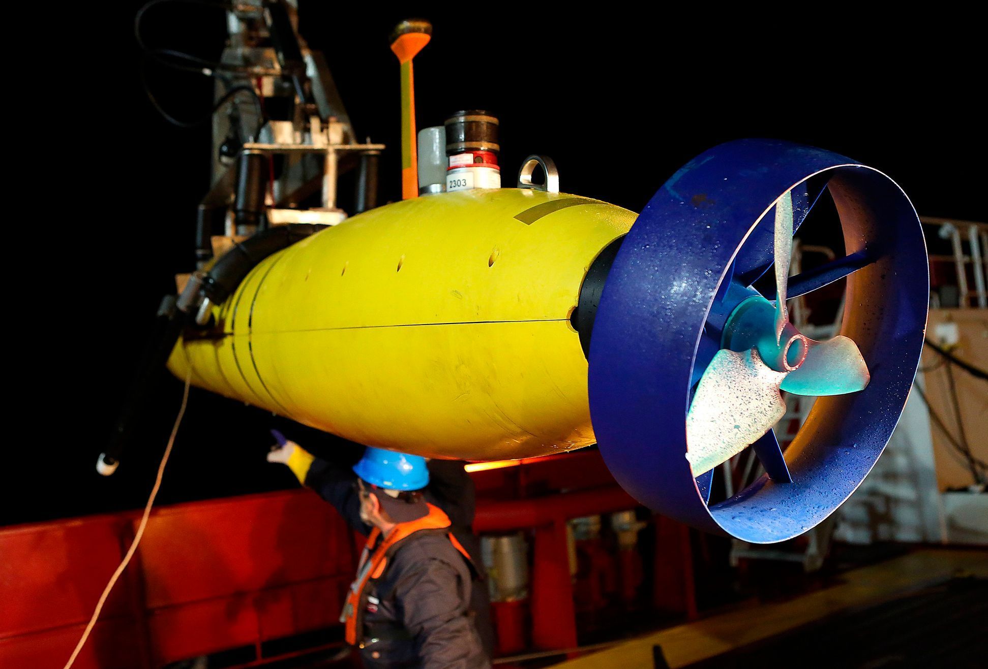The Phoenix International AUV Artemis, also known as the Bluefin-21, is prepared for deployment from the Australian Defence Vessel Ocean Shield in the search for missing Malaysia Airlines Flight MH370