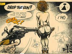 Kája Saudek: Drop that gun!!!, 1970, kresba tuší, akvarel, běloba.