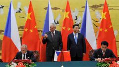Czech Republic's President Zeman gestures during a signing ceremony with China's President Xi at the Great Hall of the People in Beijing