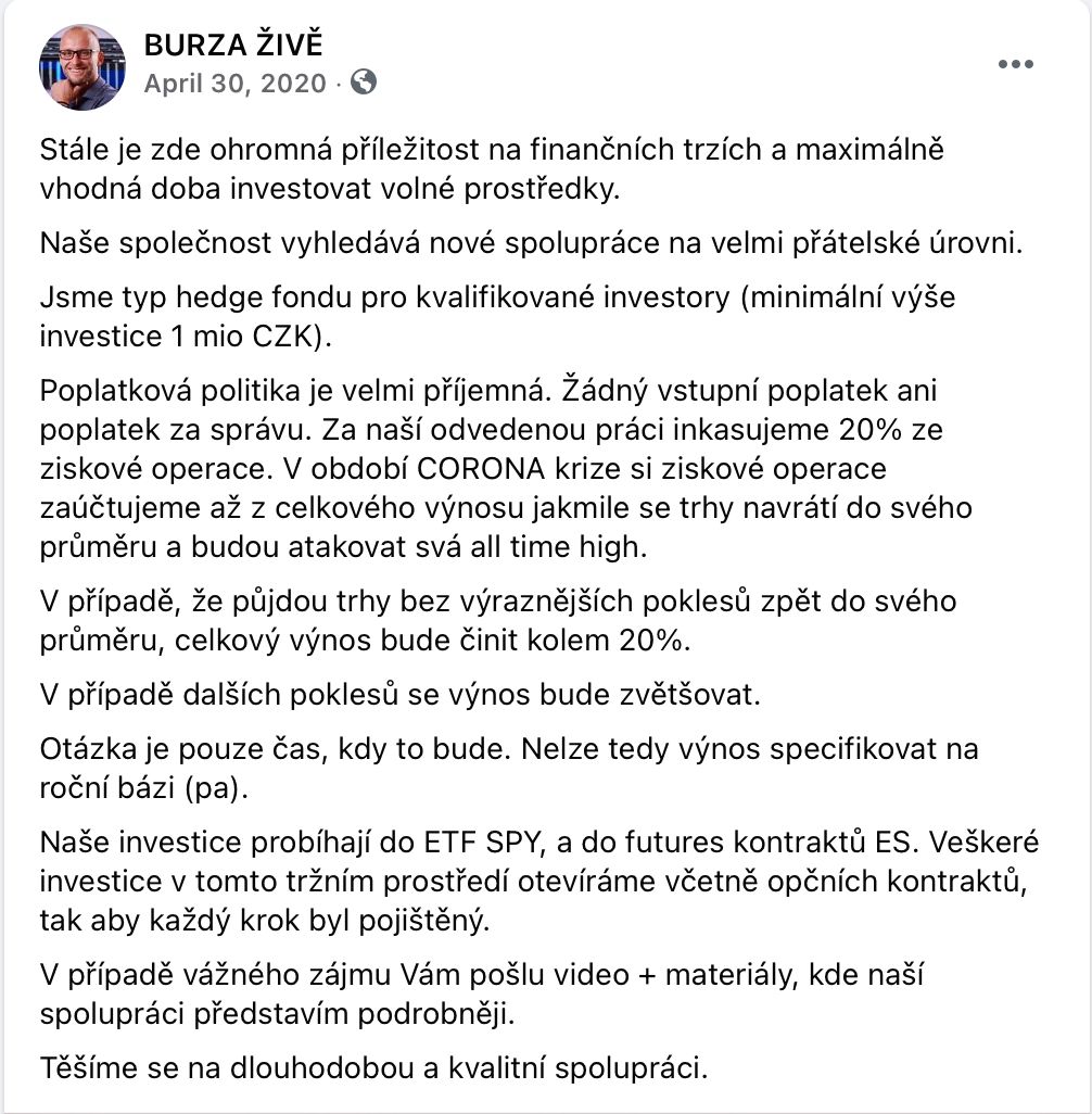 Manažer Tilia Capital Jakub Kovařík loni prostřednictvím Facebooku nabízel vstup do fondu napsaného na Balákova právníka. A dvacetiprocentní zhodnocení.