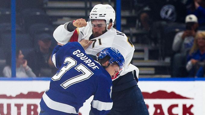 Jednu z mnoha bitek v utkání Tampa - Florida svedli domácí Yanni Gourde (v modrém) a Luke Kunin