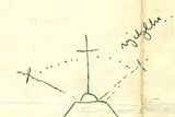 Unikátní kresba Josefa Toufara, zachycující pohyb číhošťského křížku. On sám pohyb kříže neviděl, neboť stál zády k oltáři a kázal.