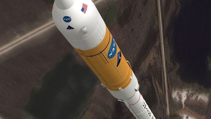 Raketa Ares I v představě malíře. Na špičce nese kosmickou loď Orion. Při nynějším zkušebním letu tam je pouze maketa.