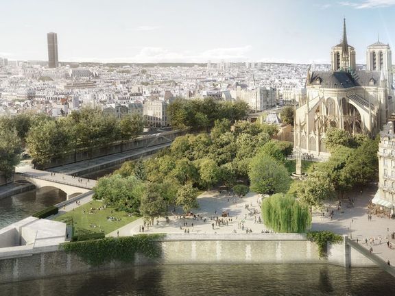 Vizualizace rekonstrukce okolí katedrály Notre-Dame.