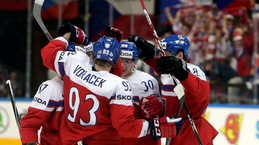 Vladimir Sobotka of the Czech Republic (L) celebrates his goal with team mates during their Ice Hockey W