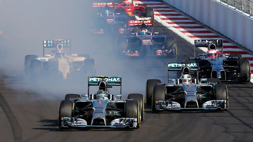 Mercedes Formula One driver Nico Rosberg of Germany leads nect to Mercedes Formula One driver Lewis Hamilton of Britain (R) after the start of the first Russian Grand Pri