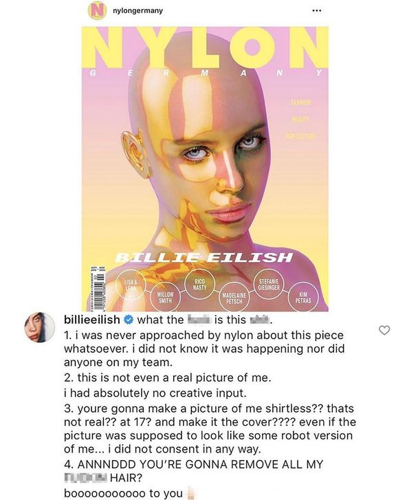 Reakce Billie Eilish na obálku německé mutace časopisu Nylon.