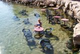 Kafčo v moři na ostrově Pašman v Chorvatsku. Kavárna u přístavu Tkon.