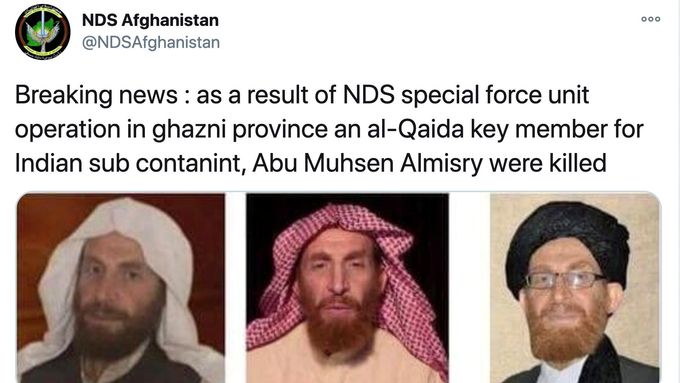 Tweet afghánské zpravodajské služby NDS informuje o zabití druhého muže Al-Káidy s doplněním tří fotografií, na kterých je terorista zachycen.