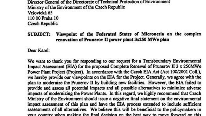 Dokument: Dopis Mikronésie k plánu na rekonstrukci Prunéřova