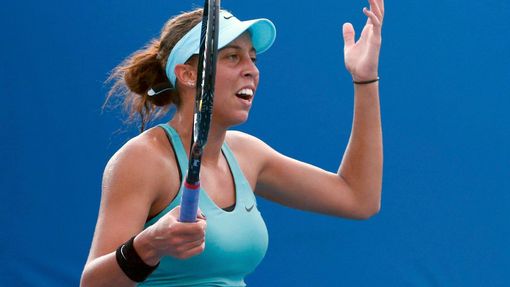 Madison Keys of the United States reacts during her women's singles match against Zheng Jie of China at the Australian Open 2014 tennis tournament in Melbourne January 15