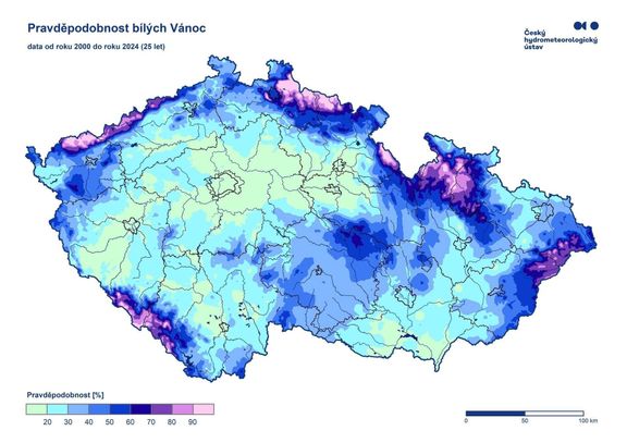 Pravděpodobnost bílých Vánoc podle Českého hydrometeorologického ústavu ze dne 30.11.2025.