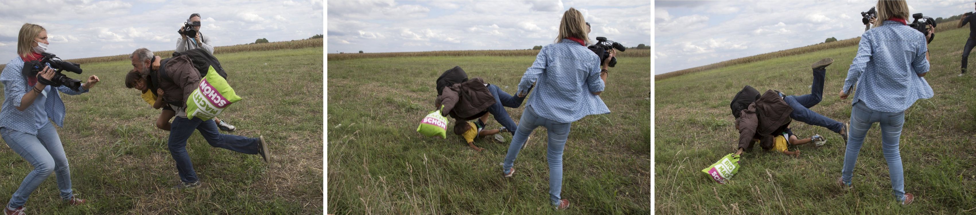 Kameramanka maďarské televize  N1TV podráží nohy uprchlíkovi s dítětem na maďarsko.srbské hranici.