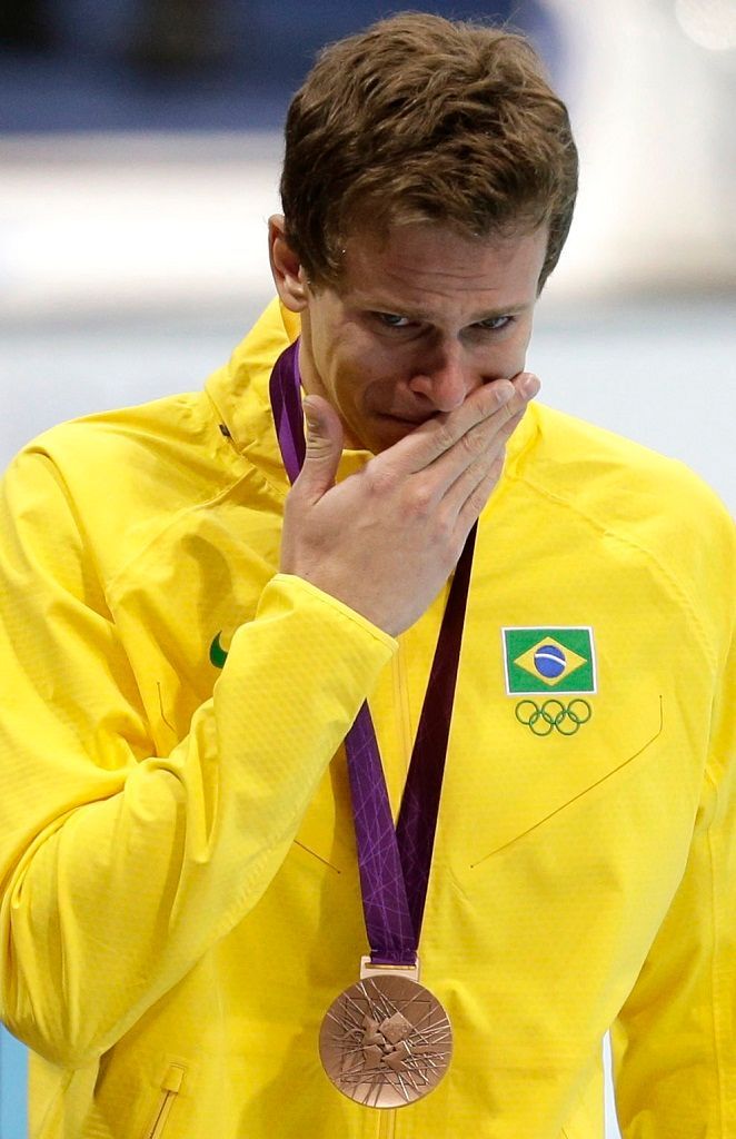Brazilský plavec Cesar Cielo, pláč medailistů na olympijských hrách v Londýně 2012