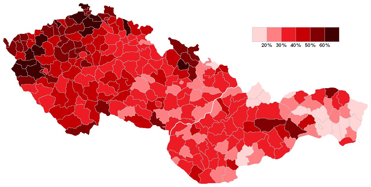 mapa výsledků KSČ ve volbách 1946