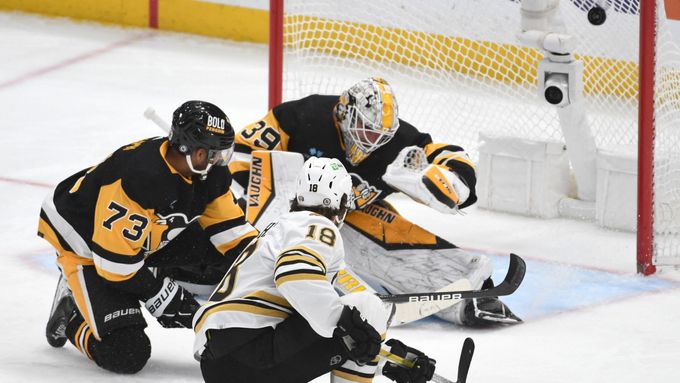 Apr 13, 2024; Pittsburgh, Pennsylvania, USA; Boston Bruins center center Pavel Zacha (18) scores on Pittsburgh Penguins goalie Alex Nedeljkovic (39) during the second per