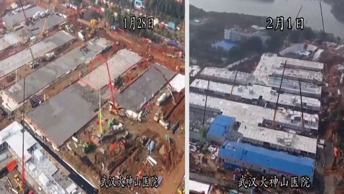 Zrychlené letecké záběry ukazují bleskovou stavbu jedné ze dvou nemocnic v čínském městě Wu-han, odkud se šíří nový druh koronaviru.