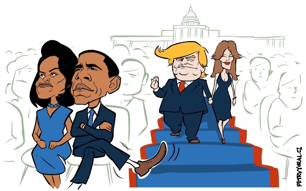 Obama Trump inaugurace kresba
