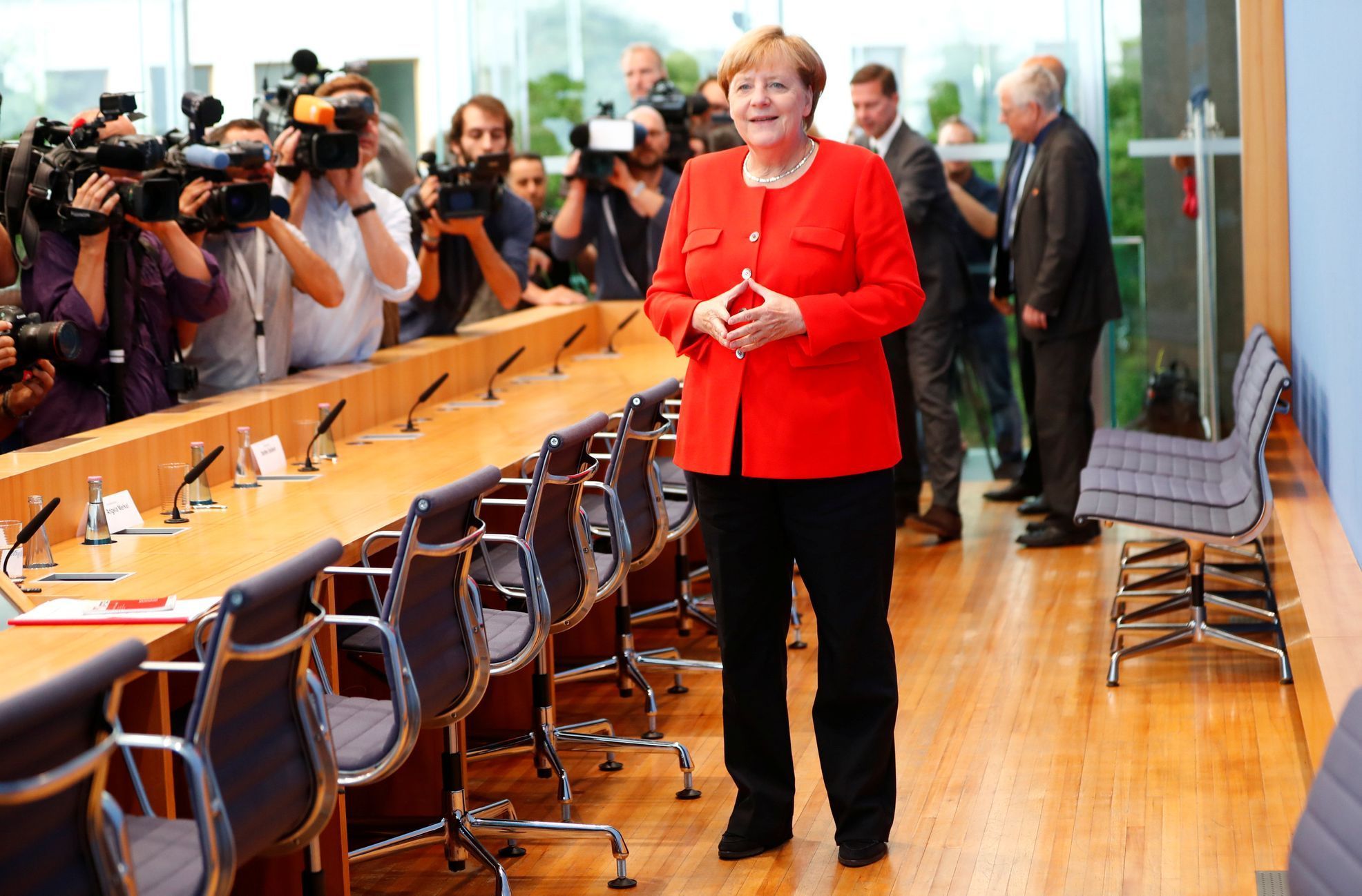 Angela Merkelová na tiskové konferenci v Berlíně.