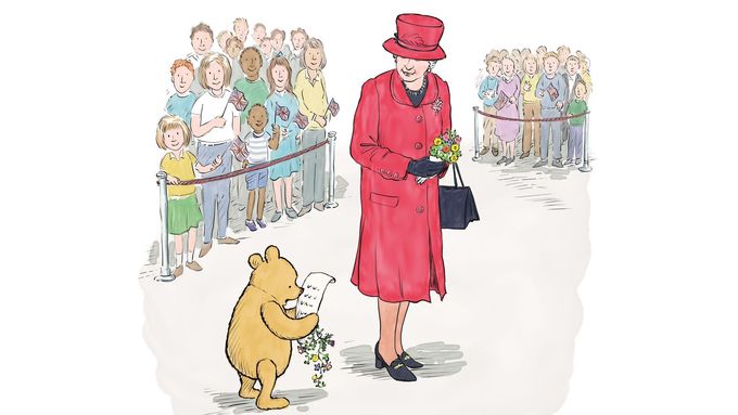 Foto: Devadesátiletý Medvídek Pú se setkal s devadesátiletou královnou Alžbětou II. Věnoval jí píseň