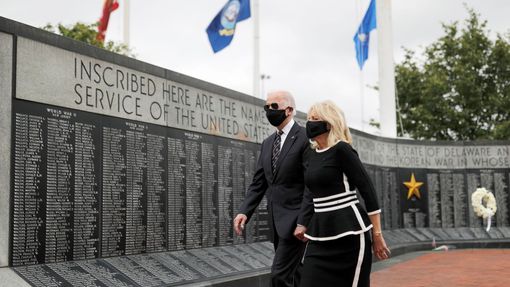 Democratic U.S. presidential candidate and former Vice President Joe Biden and his wife Jill visit the War Memorial Plaza during Memorial Day, amid the outbreak of the co