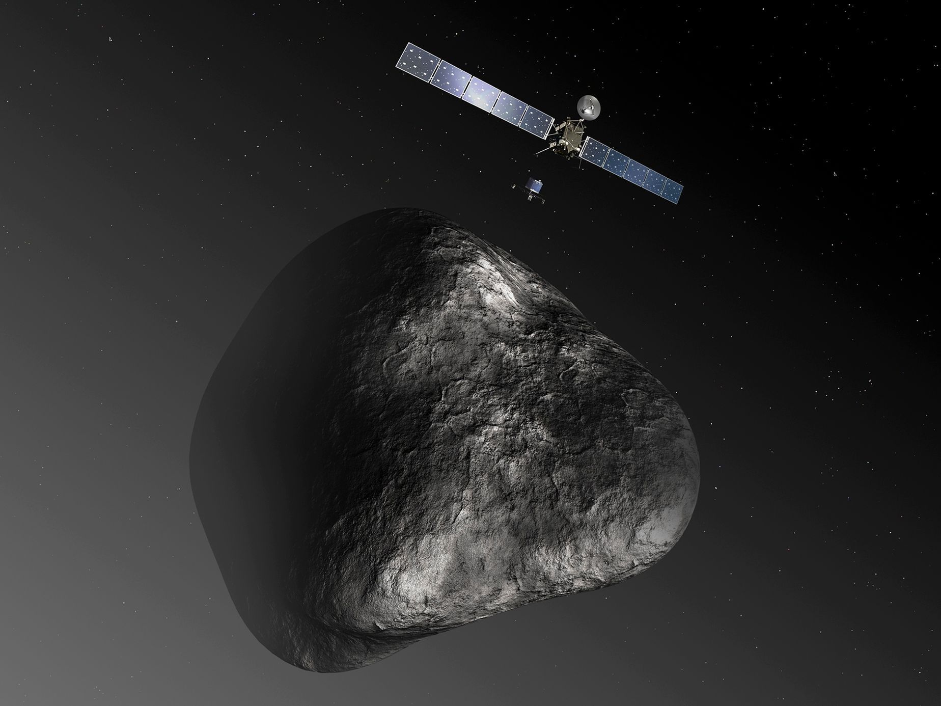 Umělecké ztvárnění komety Čurjumov-Gerasimenko a Rosetty.