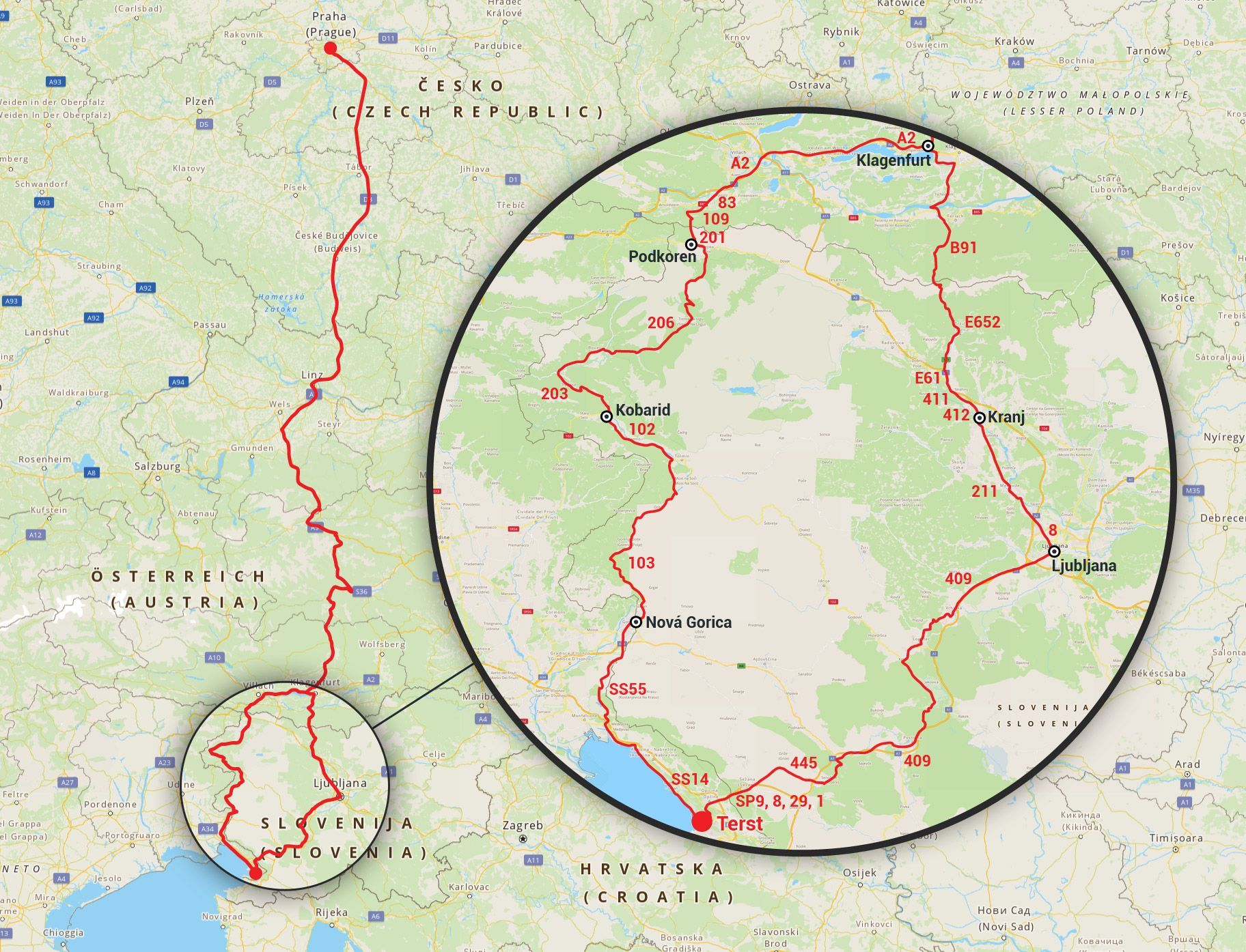 mapa cesty Praha-Terst