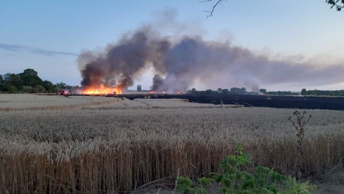 Při požáru pole na Kutnohorsku shořelo 53 hektarů obilí.