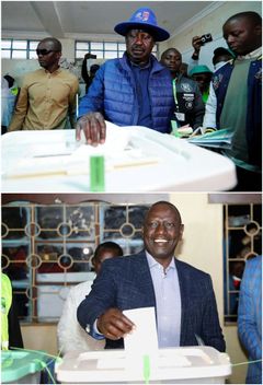 Keňští prezidentští kandidáti Raila Odinga (nahoře) a William Ruto odevzdávají svůj hlas ve volbách.