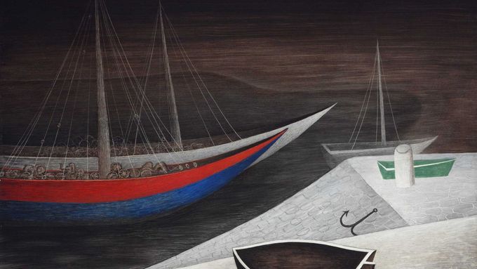 Jan Zrzavý, Spící lodi, 1935, tempera, překližka, 78,5 × 106,5 cm