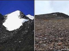 Dvě fotografie pořízené bolivijskými glaciology ukazují, kolik ledovce od roku 1996 roztálo.