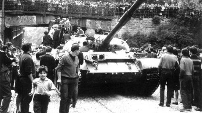 Soviet tank in Liberec surrounded by civilians
