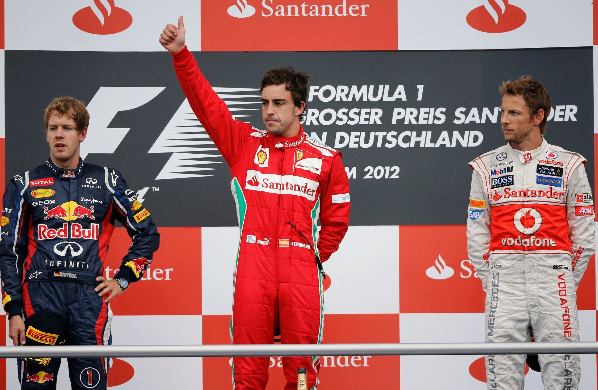VC Německa: Sebastian Vettel, Fernando Alonso a Jenson Button na podiu