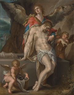 Bartholomeus Spranger: Tělo Kristovo podpírané anděly, 1587.
