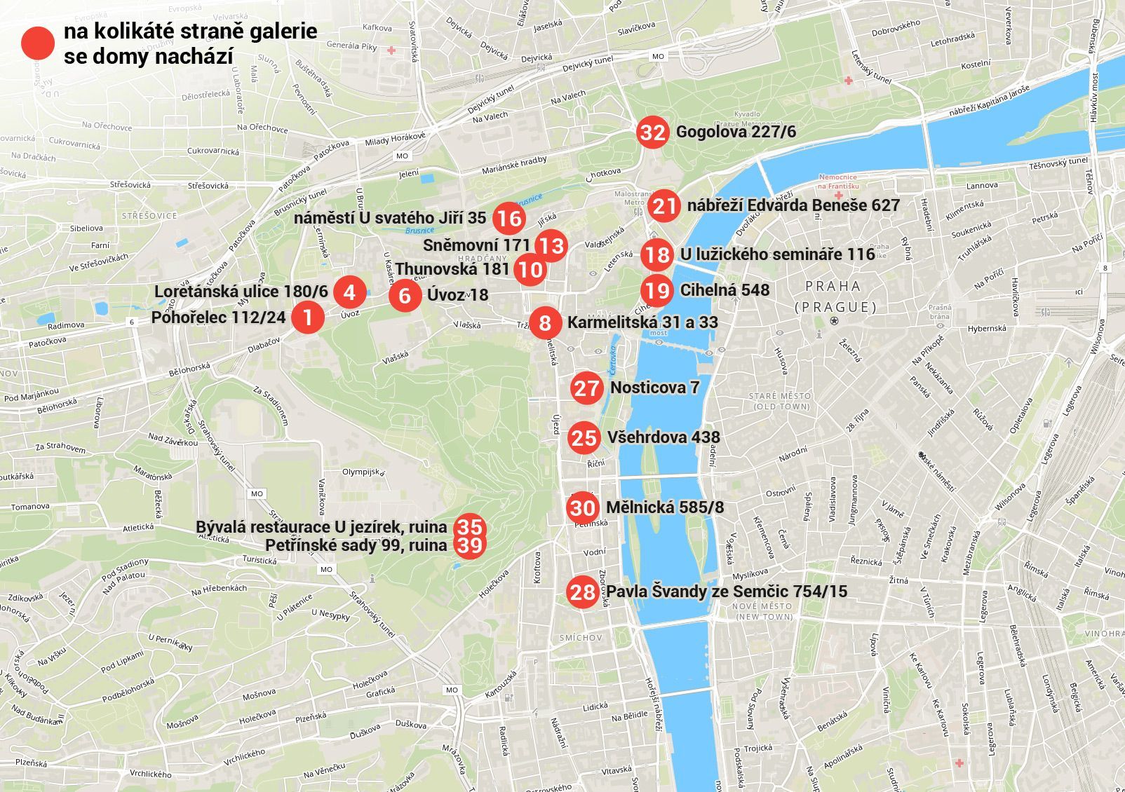 mapa - Prázdné a pustnoucí domy v centru Prahy
