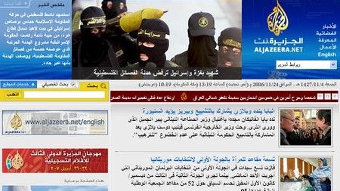 Internetové stránky televize Al Džazíra. Stanice je známá zveřejňováním internetových nahrávek Islamistů, které se tak dostávají do širšího povědomí v celém světě.