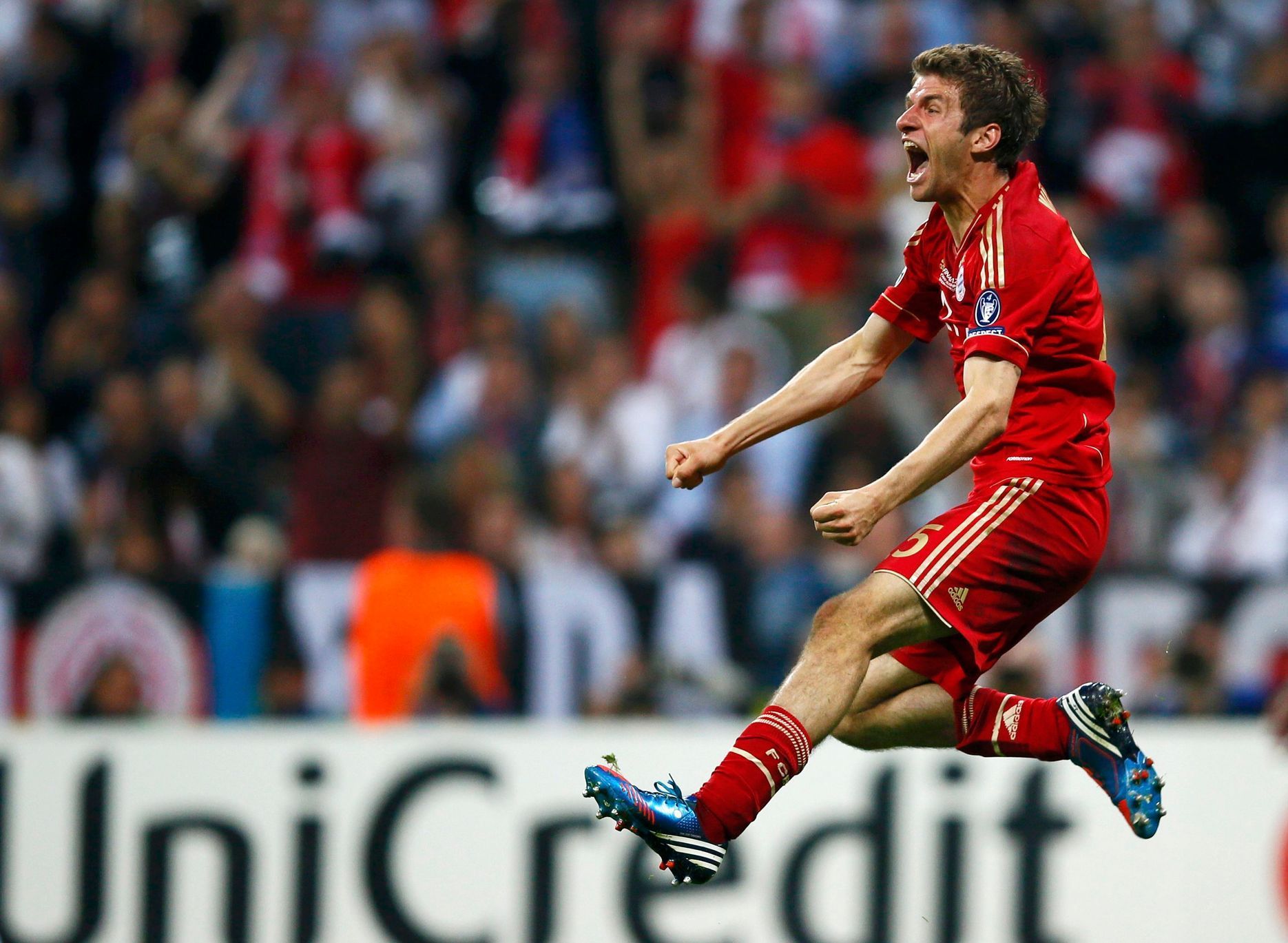 Thomas Müller se raduje z gólu ve finále Ligy mistrů Bayern - Chelsea