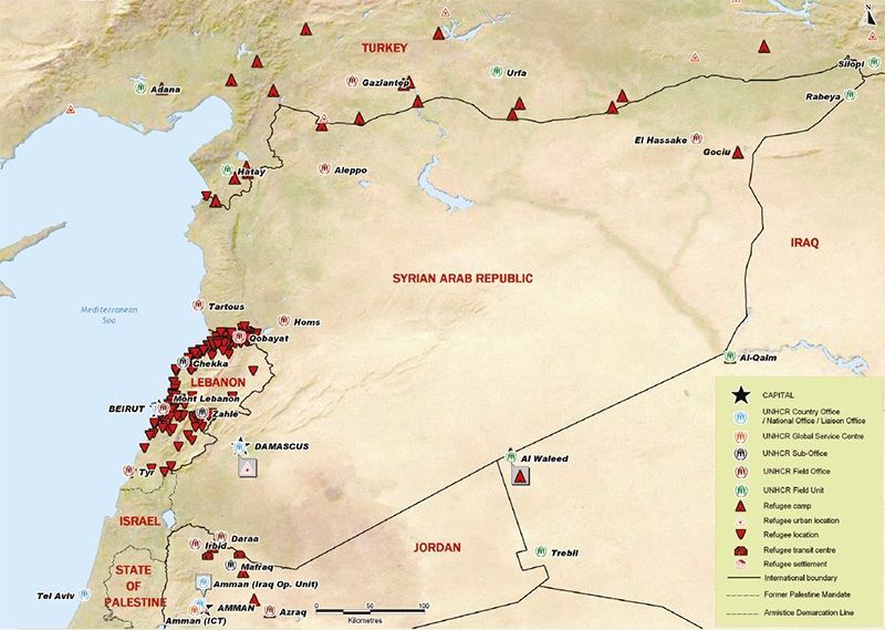 Syrští uprchlíci - mapa táborů podle UNHCR