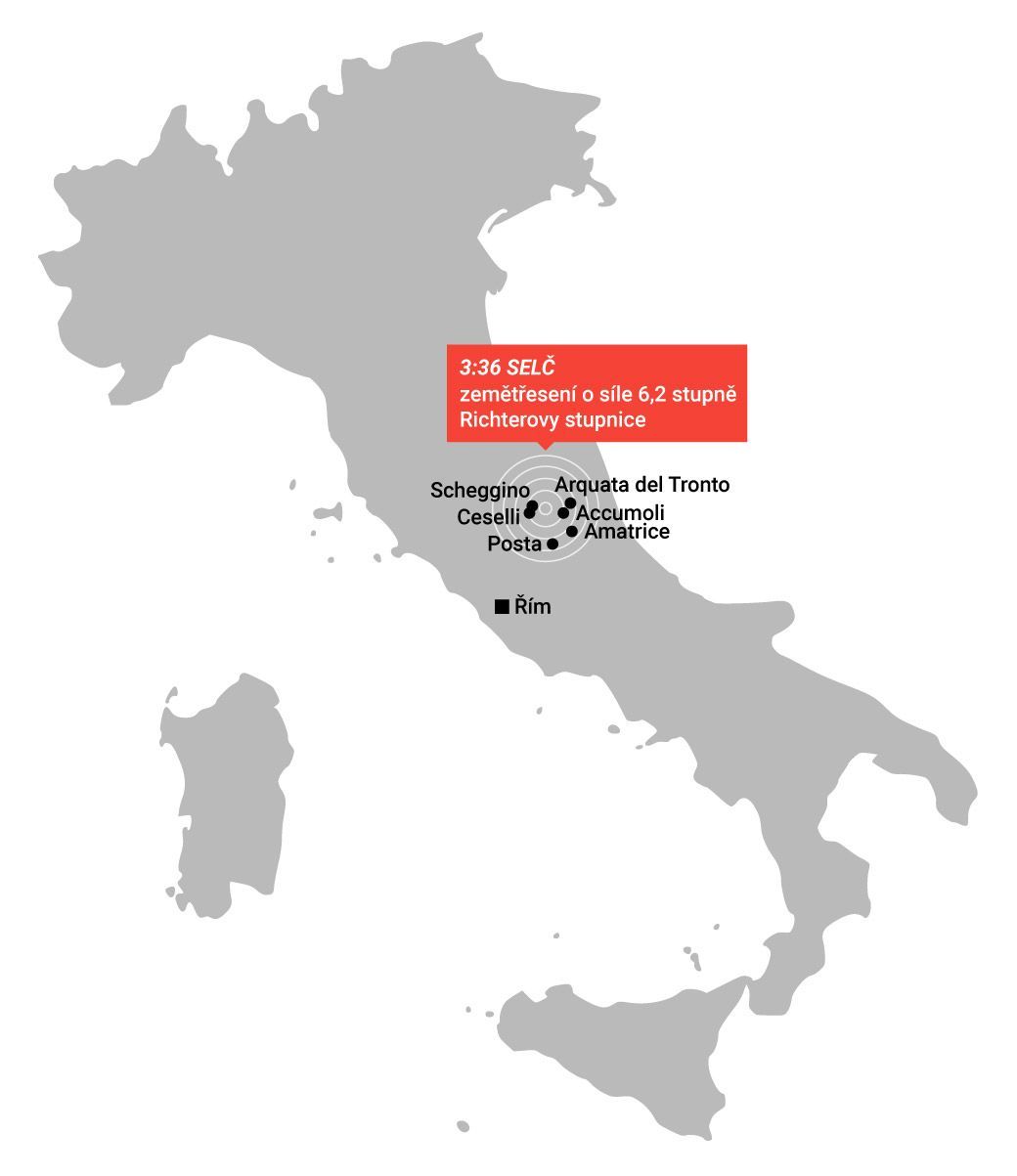 mapa - zemětřesení v Itálii