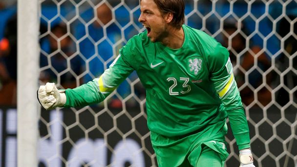 Brankář Tim Krul se raduje ve čtvrtfinále MS 2014