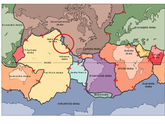 Tektonické desky pokrývají celý povrch Země. Na obrázku v červeném kroužku je místo, o kterém se píše v článku.