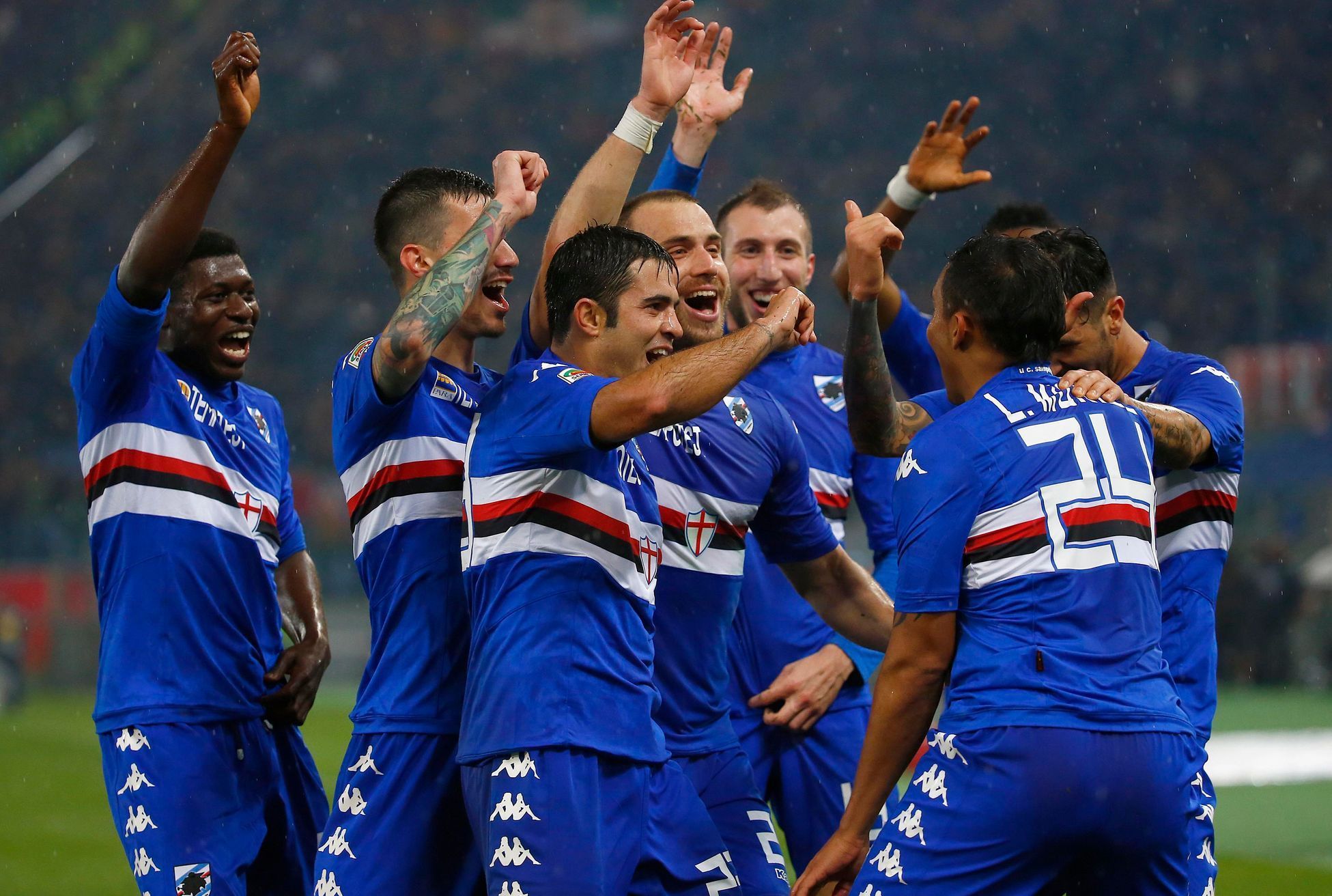 Sampdoria's Muriel celebrates with his team mates after scoring against AS Roma in their Italian Serie A soccer match at the Olympic stadium in Rome