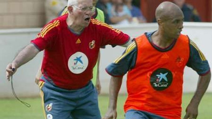 Španělský trenér Luis Aragones dává na tréninku instrukce záložníkovi Marcosu Sennovi.